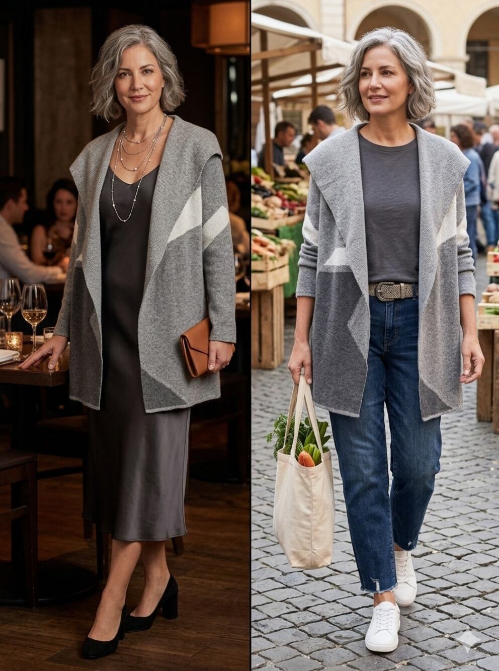 Statement Thick 100% Cashmere Geometric Open duster Cardigan Gray cozy Size-XS
